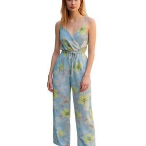 Guess Black Multicolor Floral Sleeveless Cami Camisole Tie Waist Jumpsuit Size 8